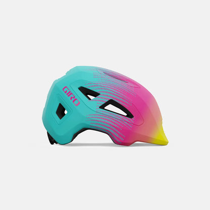 Colorful helmet with 'Giro' branding on a light gray background