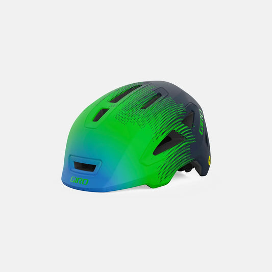 Green and blue helmet on a light gray background