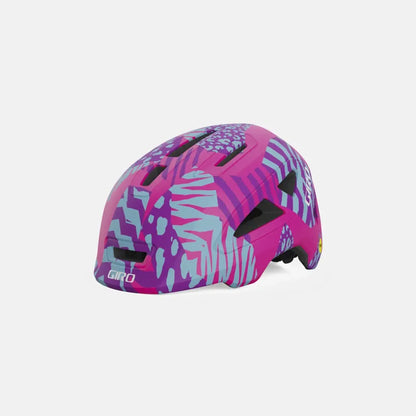 Pink and purple helmet with floral pattern on a white background