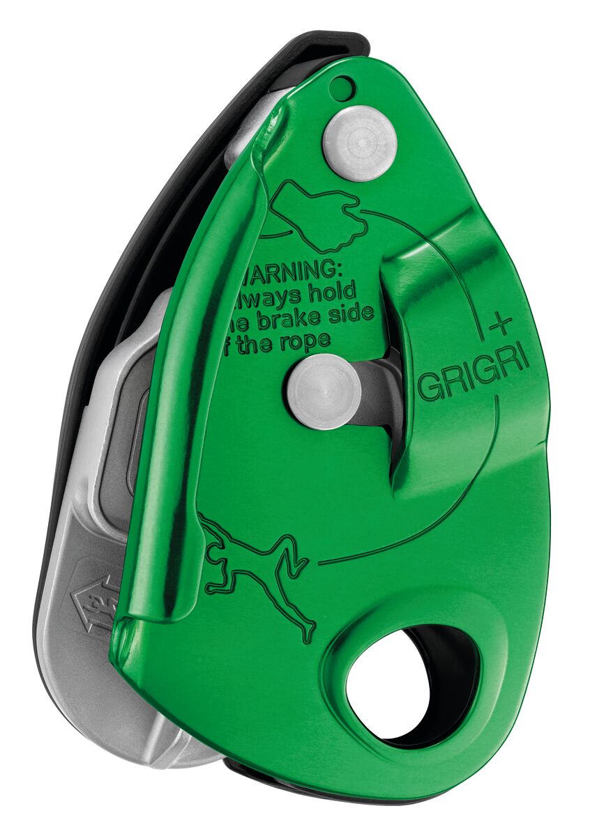 Green climbing device with 'Grigri' branding on a white background