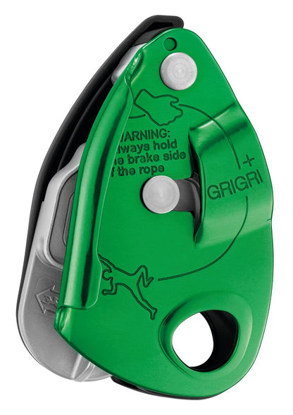 Green climbing device with 'Grigri' branding on a white background