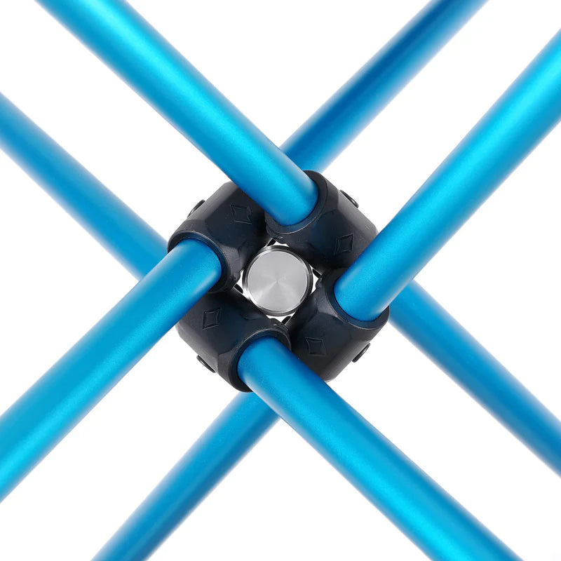 Close-up of blue metal pipes with a black connector on a white background