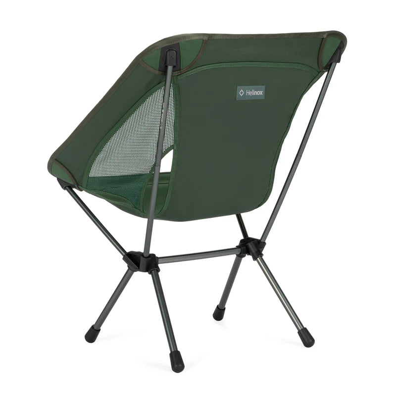 Black camping chair with mesh back on a white background