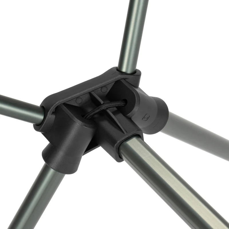 Close-up of a tripod with gray metal legs and black plastic joints on a white background.