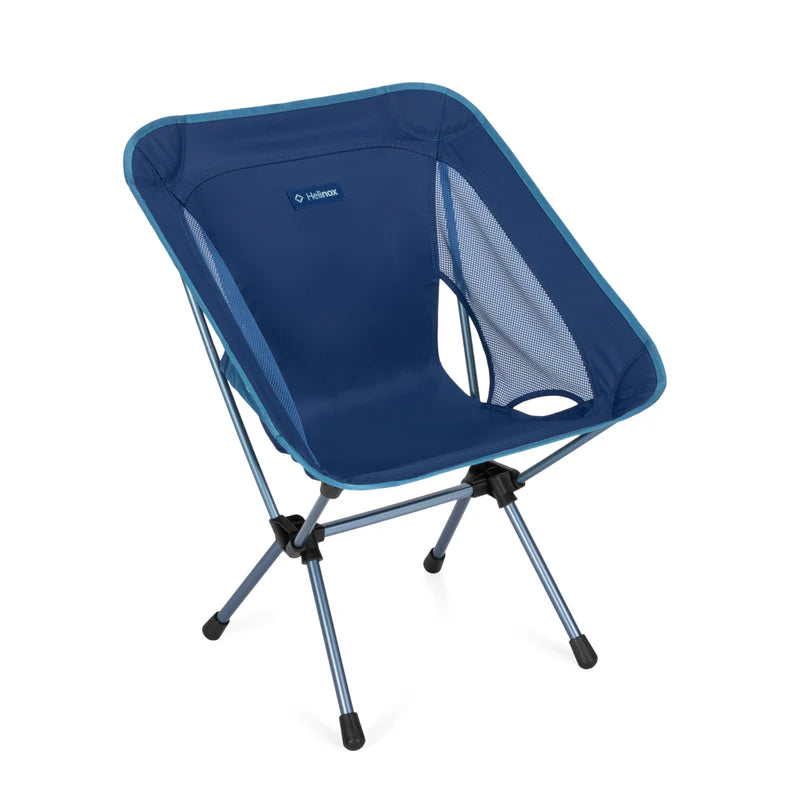 Blue camping chair with a visible brand logo on a white background