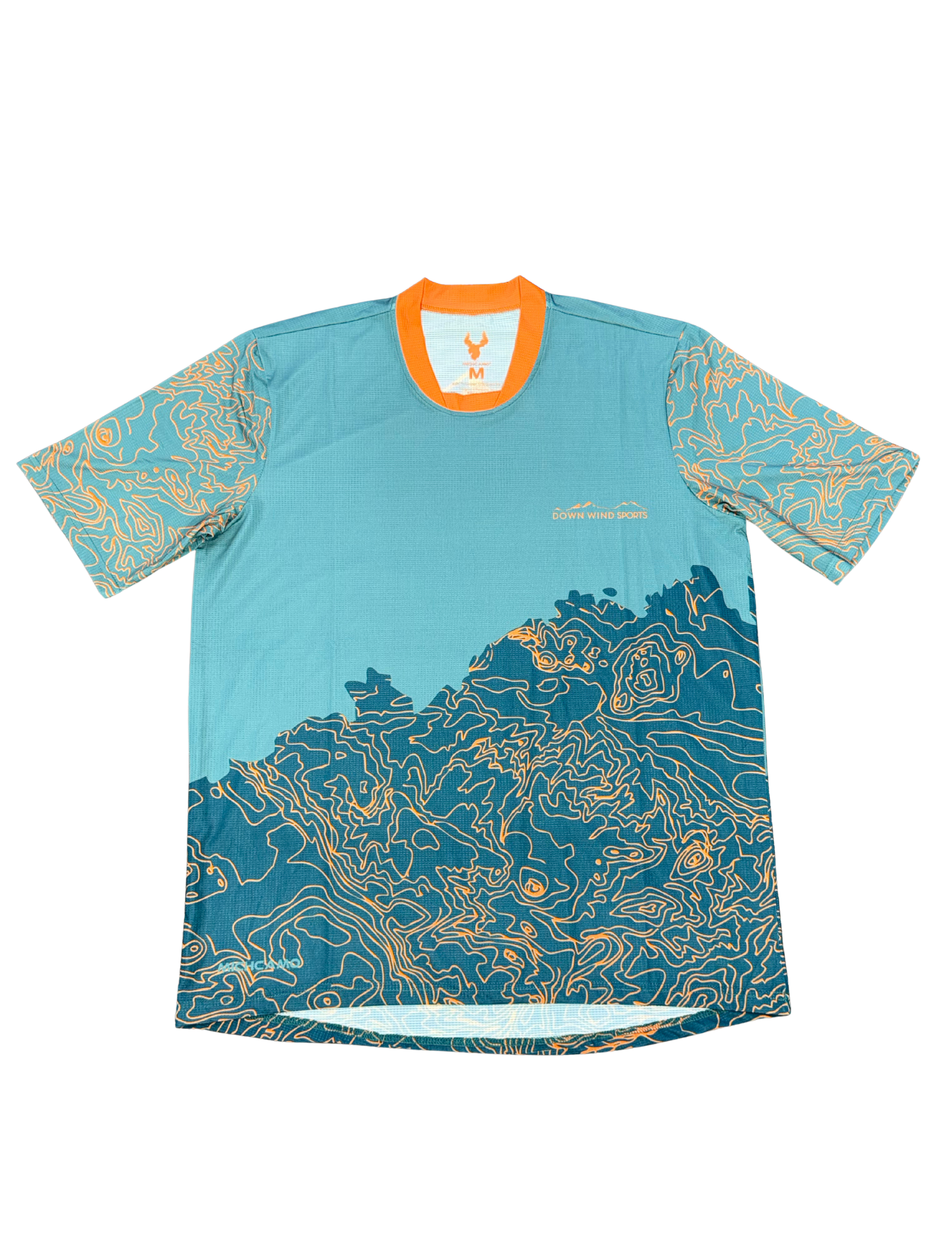 A short-sleeve athletic t-shirt with a teal and blue topographic map print, featuring an orange collar and a small white logo on the chest.