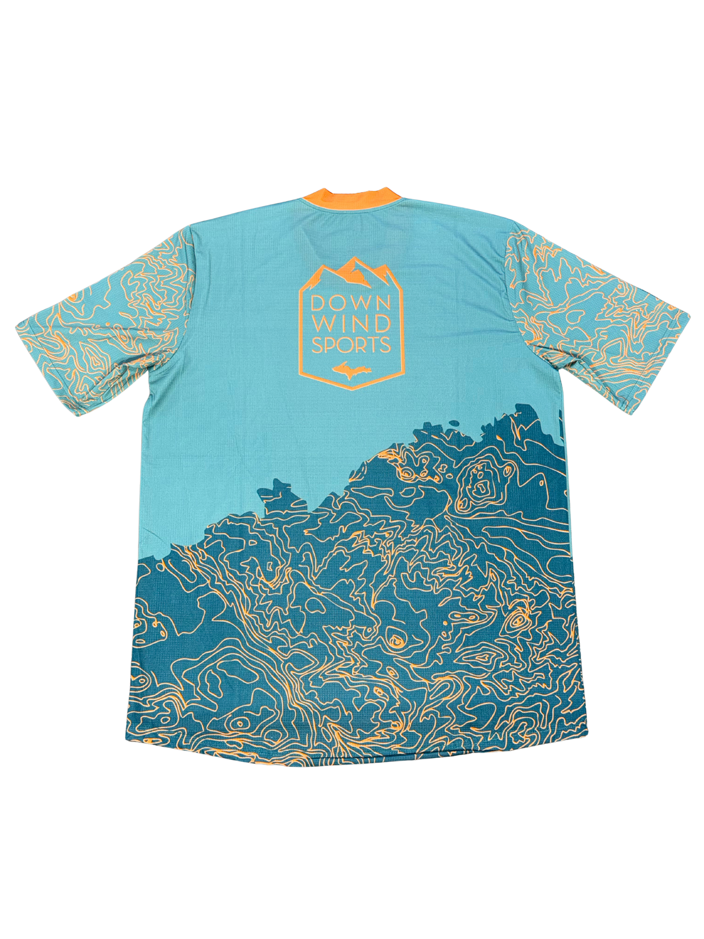 A short-sleeve athletic jersey shown from the back, featuring a light blue upper body, a dark teal lower body with yellow contour-line graphics, and a yellow 'Down Wind Sports' logo on the upper back.