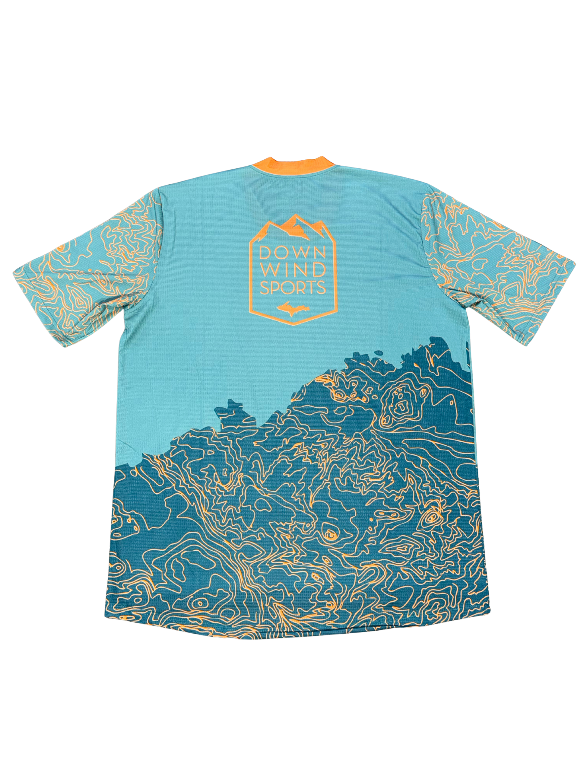 A short-sleeve athletic jersey shown from the back, featuring a light blue upper body, a dark teal lower body with yellow contour-line graphics, and a yellow 'Down Wind Sports' logo on the upper back.