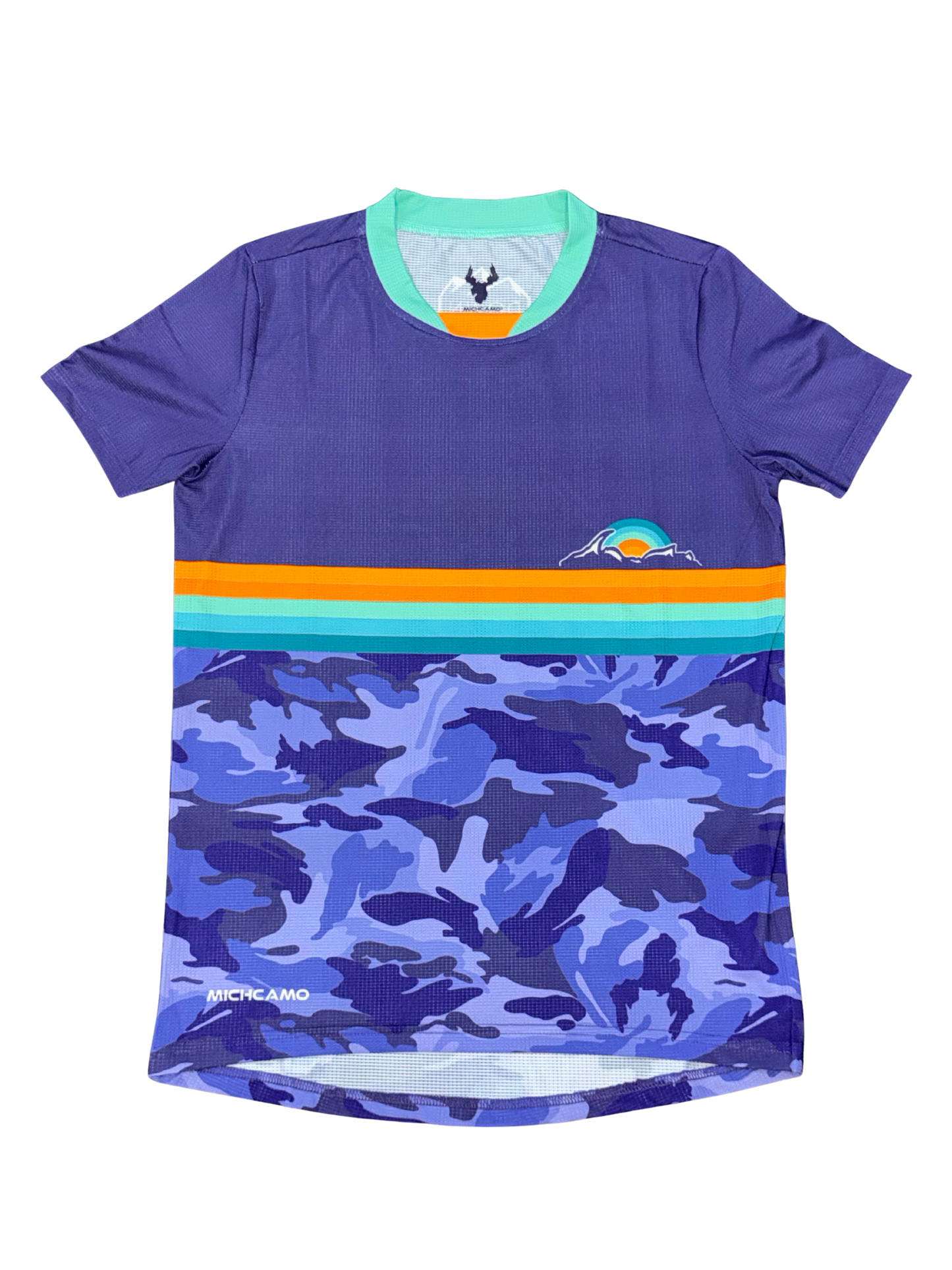 A short-sleeve athletic jersey in purple, featuring a horizontal stripe pattern with orange, teal, and light blue across the chest, and a blue and purple camouflage print on the lower half. The brand name 'MICHCAMO' is visible near the bottom left hem.