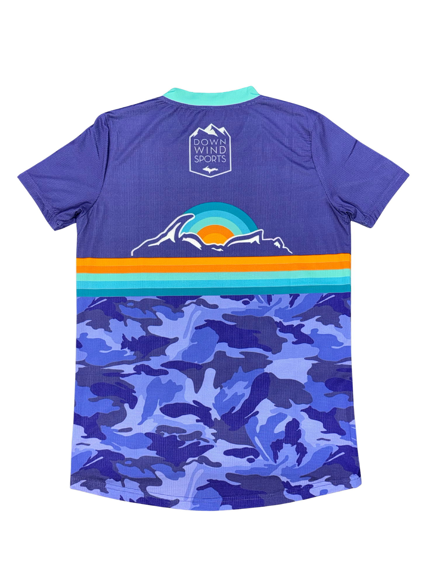 The back of a purple short-sleeve athletic jersey with a blue camouflage pattern on the lower half, a horizontal stripe design in orange, teal, and blue across the center, a mountain graphic with a sunset, and a 'Down Wind Sports' logo printed on the upper back.