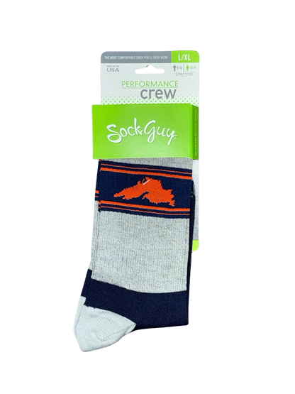 A pair of crew socks in light gray with navy blue and orange stripes, featuring an orange silhouette logo on the side, packaged on a green and white SockGuy card.