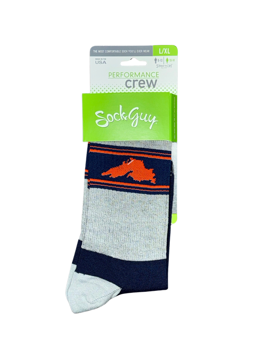 A pair of crew socks in light gray with navy blue and orange stripes, featuring an orange silhouette logo on the side, packaged on a green and white SockGuy card.