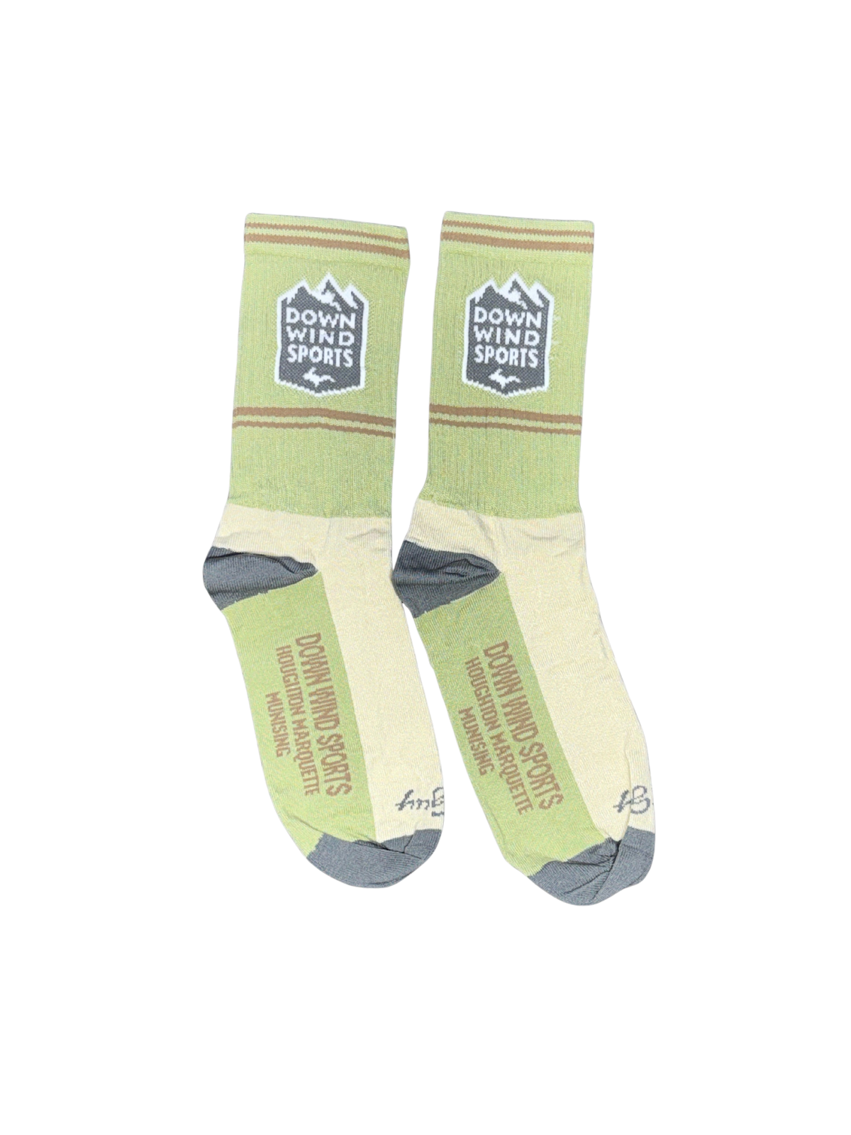 A pair of crew socks with a light green and cream color scheme, featuring gray heels and toes, and the Down Wind Sports logo printed on the upper calf and foot.