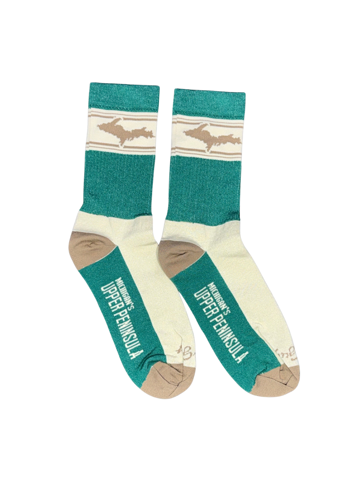 A pair of crew socks featuring a teal green and cream color scheme with a graphic of the Upper Peninsula of Michigan on the ribbed cuffs and printed on the toes.