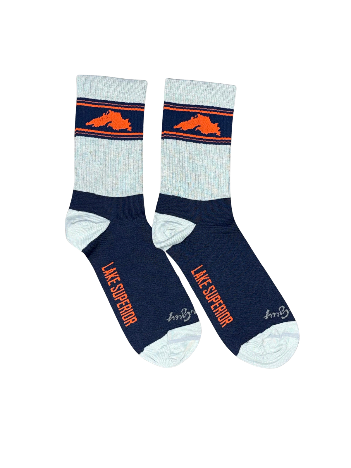 A pair of crew socks with a heather gray upper, navy blue lower section, and orange accents, including a Lake Superior silhouette and text, on a plain white background.