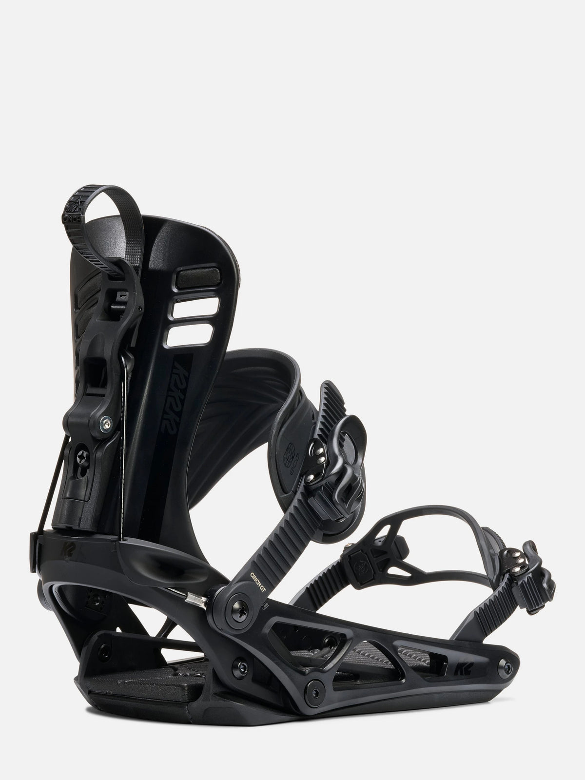 A single black snowboard binding shown in a clean studio shot against a light gray background.