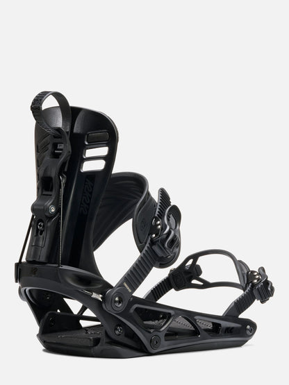 A single black snowboard binding shown in a clean studio shot against a light gray background.