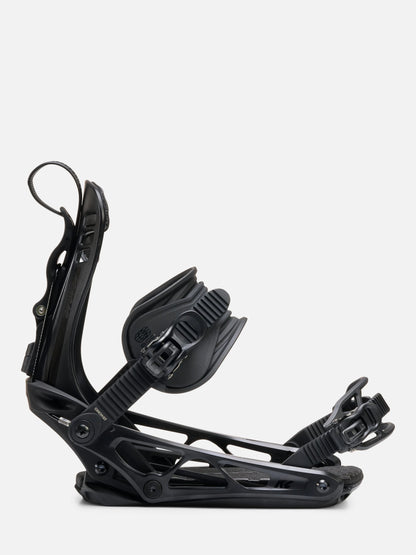 A single black snowboard binding shown in profile against a clean, light gray studio background.