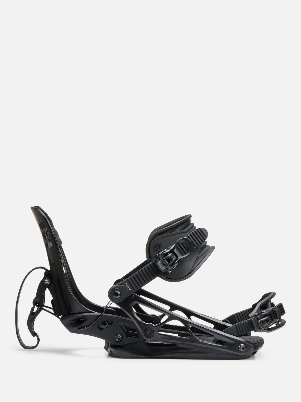A single black snowboard binding shown from a side profile view against a clean, light gray studio background.