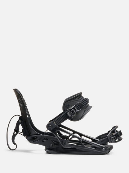 A single black snowboard binding shown from a side profile view against a clean, light gray studio background.