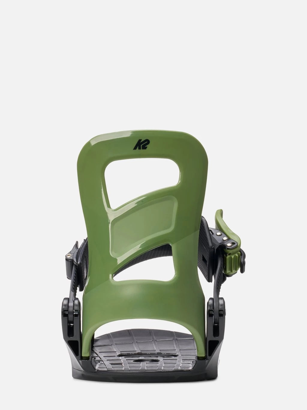 An alpine snowboard binding shown from the back, featuring a glossy olive green base with a black adjustable strap and footplate, on a light gray background.
