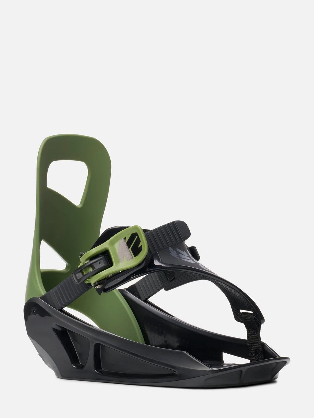 A single snowboard binding shown on a clean, light gray background. The binding features a matte olive green base with black straps and a black base plate.