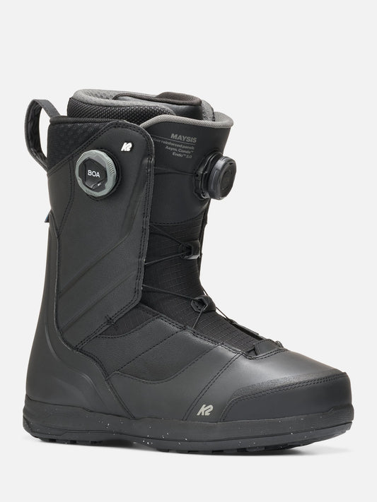A black K2 snowboard boot with a dial closure system, shown from a three-quarters angle against a light gray background.