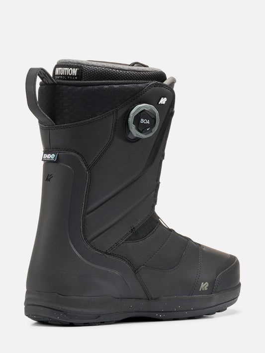 A black K2 snowboard boot with a dial closure system, shown from a three-quarters angle against a light gray background.