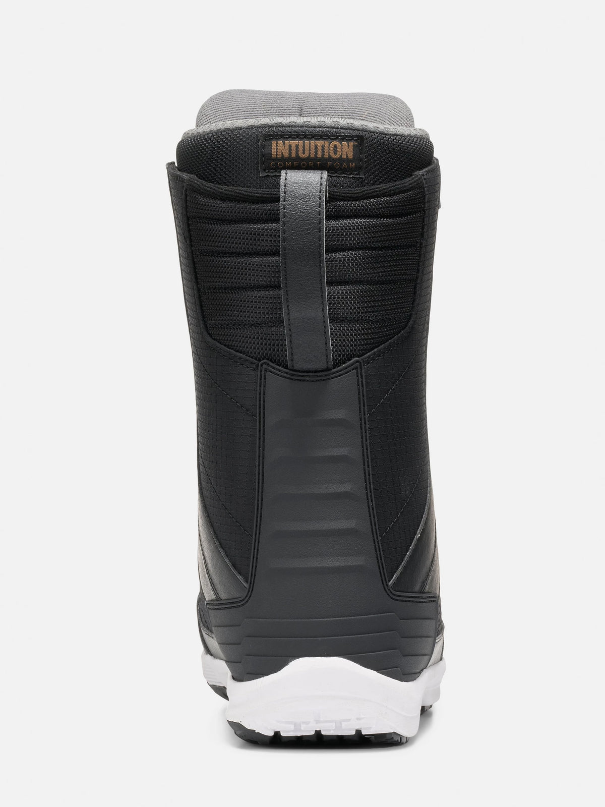 A black snowboard boot shown from the rear, featuring a gray collar, a black strap with a pull tab, and a white sole, on a light gray background.