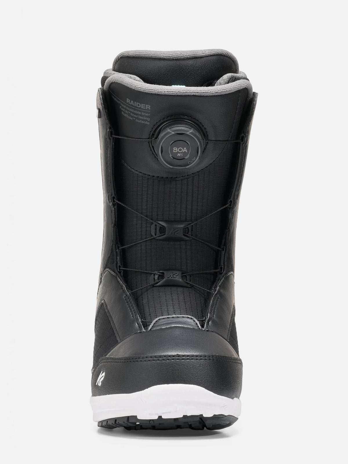 A black snowboard boot with a BOA dial closure system, shown from a front-facing perspective against a light gray background.