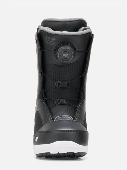 A black snowboard boot with a BOA dial closure system, shown from a front-facing perspective against a light gray background.