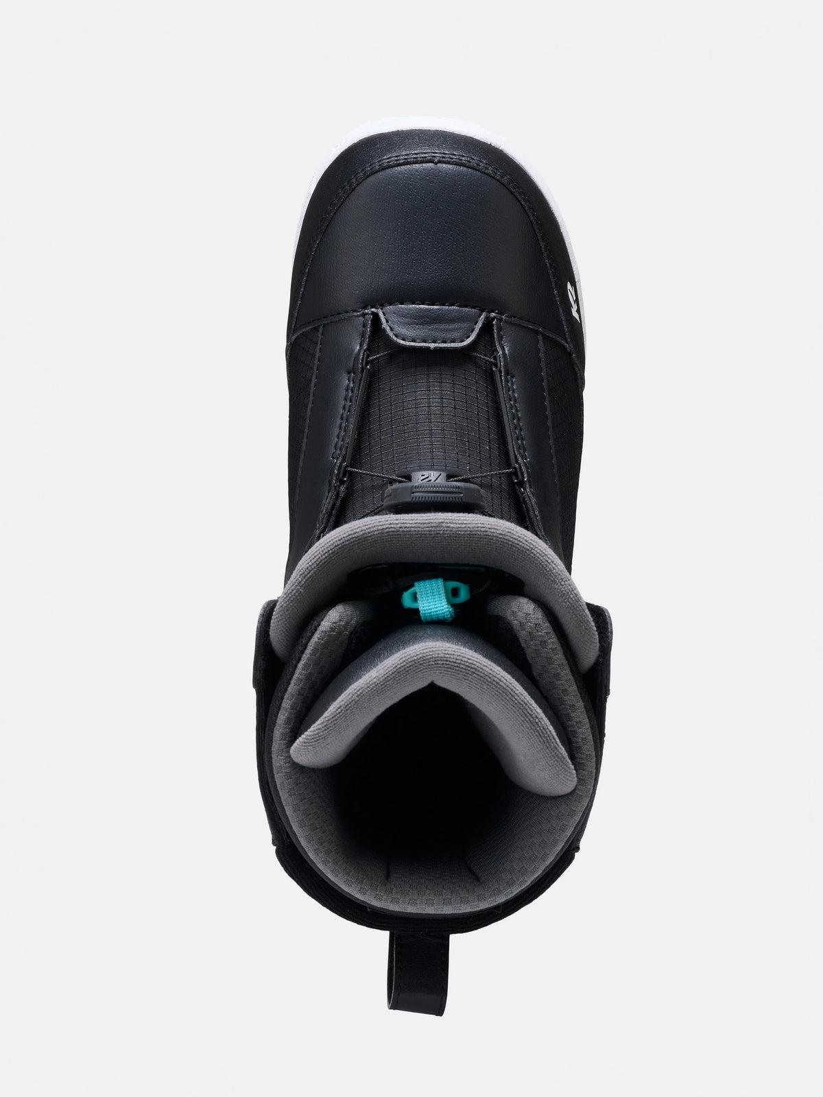 A black snowboard boot with a gray padded collar and a small turquoise accent on the buckle, shown from a top-down view against a light gray background.