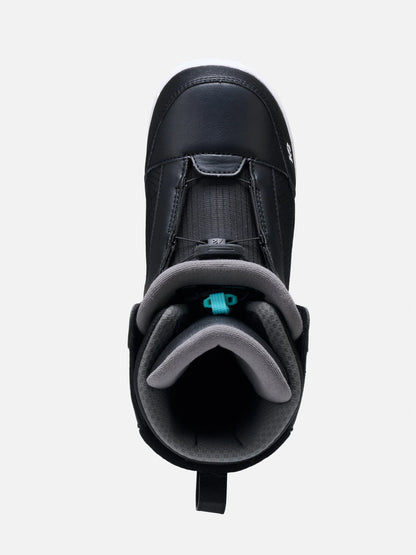 A black snowboard boot with a gray padded collar and a small turquoise accent on the buckle, shown from a top-down view against a light gray background.