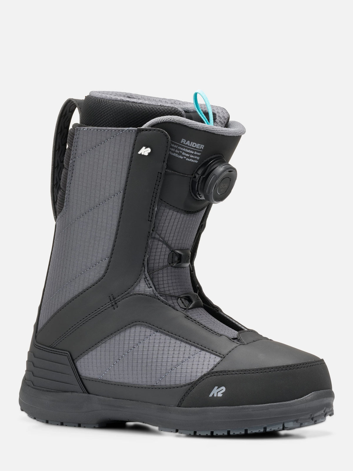 A single snowboard boot in dark gray and black with a BOA dial closure system, shown from a three-quarters angle on a light gray background.
