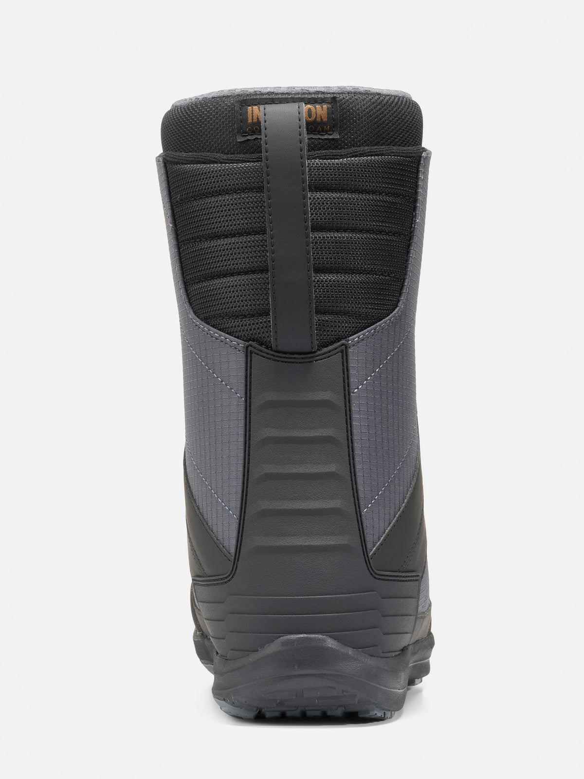 A single snowboard boot shown from the back on a light gray background. The boot is primarily black and dark gray with a textured design and a small orange 'Intuition' brand logo near the top collar.