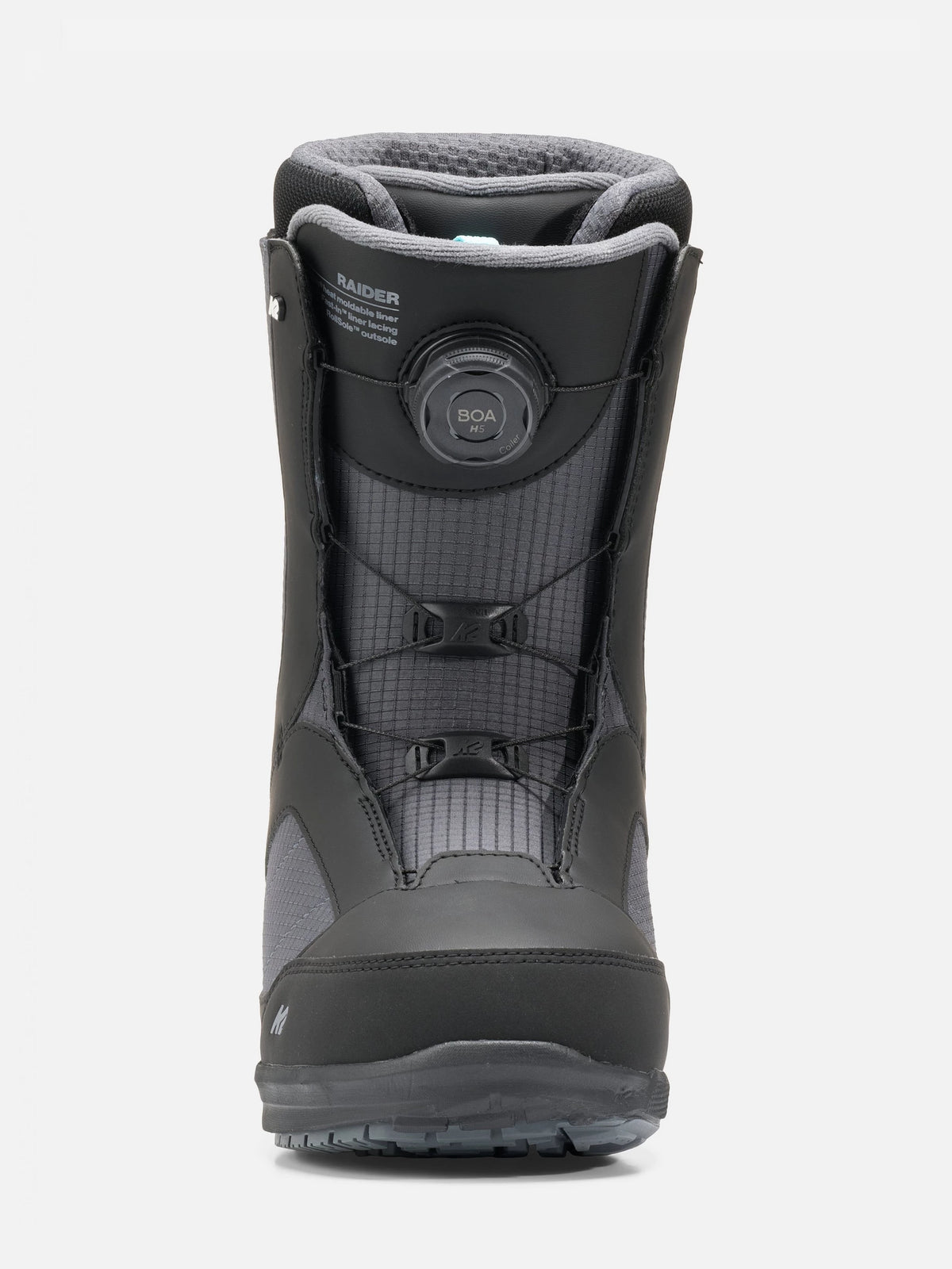 A dark gray and black K2 snowboard boot with a BOA dial closure system, shown from a front-facing perspective on a light gray background.