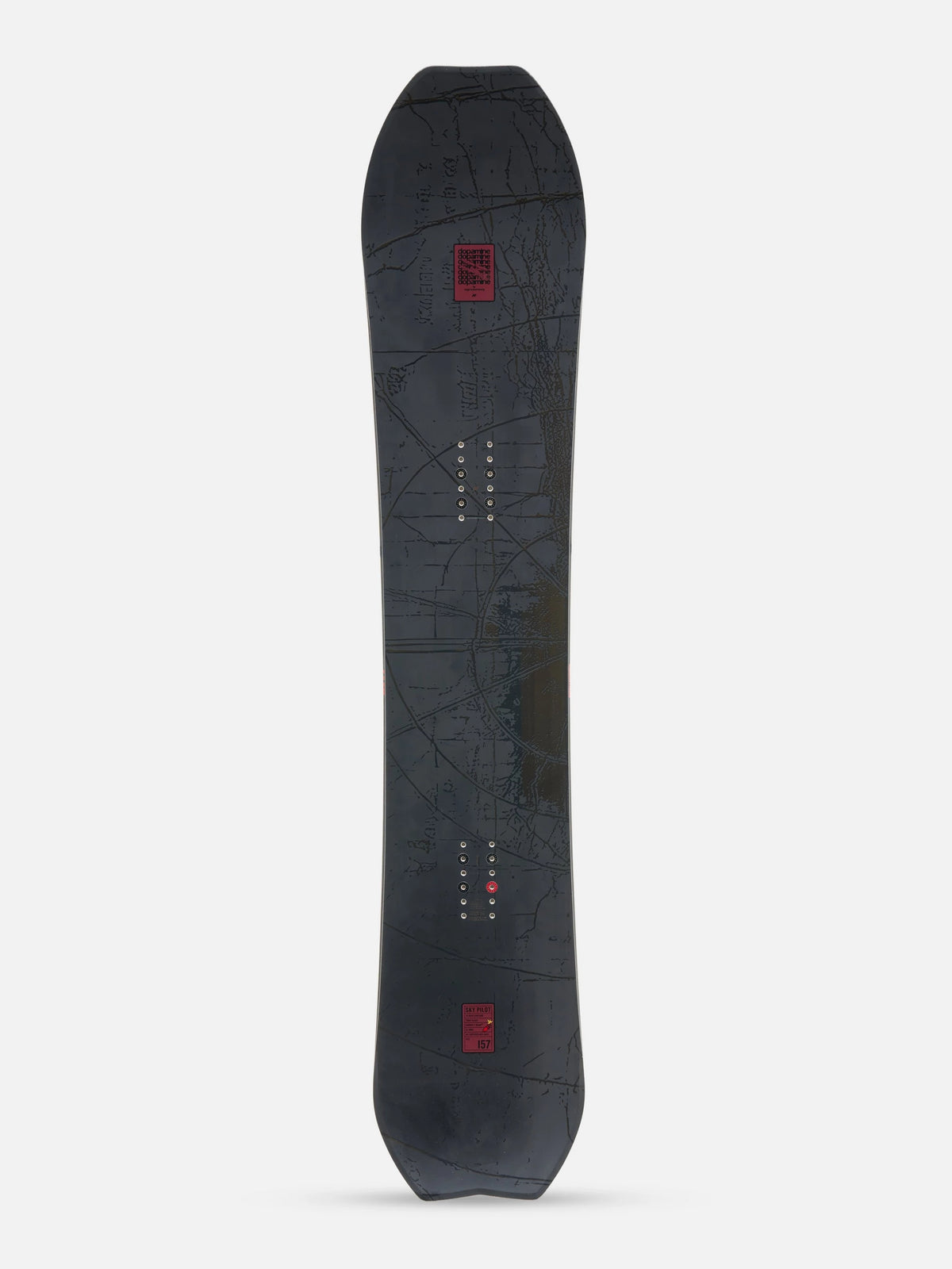 A dark gray snowboard with a subtle map-like graphic pattern and small red logo accents, shown vertically against a light gray background.