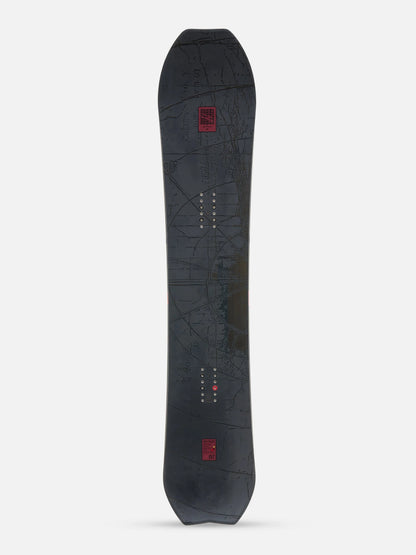 A dark gray snowboard with a subtle map-like graphic pattern and small red logo accents, shown vertically against a light gray background.