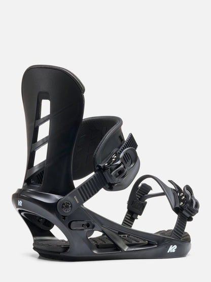 A single black snowboard binding shown from a side profile view against a light gray background. The brand logo 'K2' is visible on the base and straps.