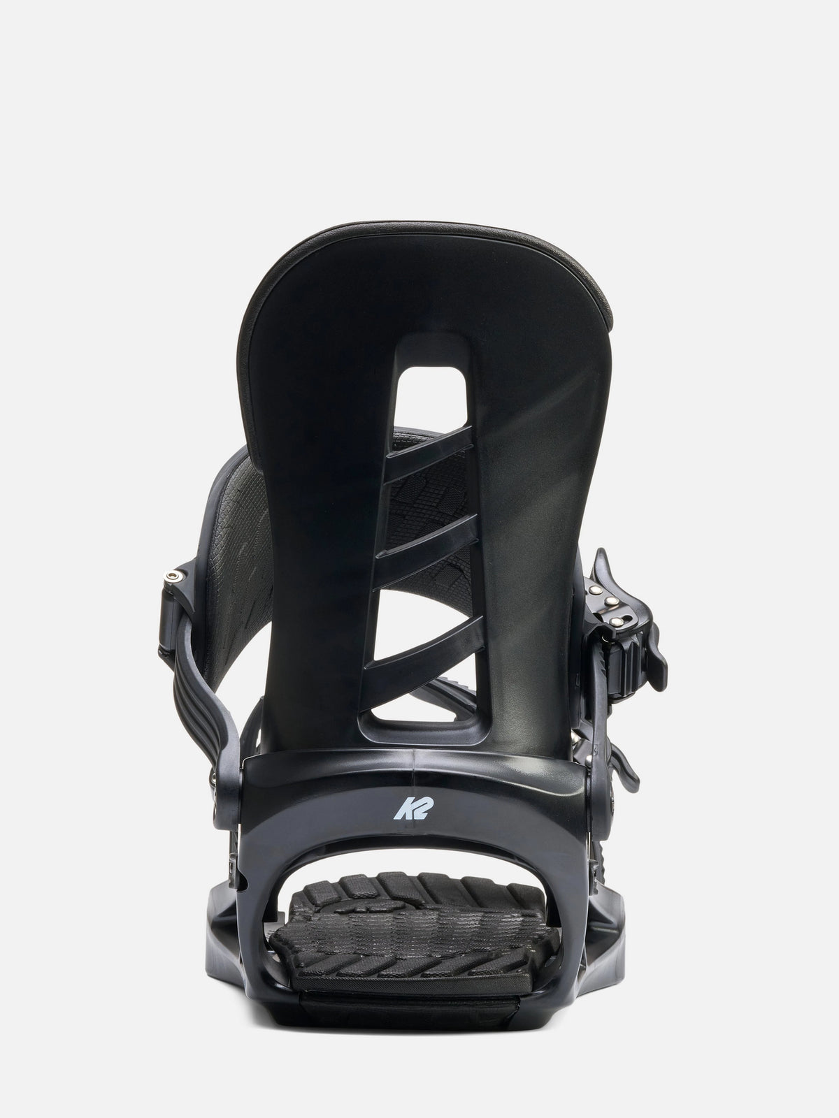A single black snowboard binding shown from the back on a light gray background.