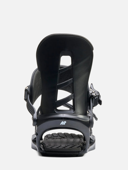 A single black snowboard binding shown from the back on a light gray background.