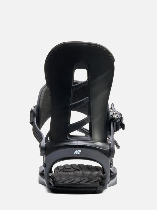 A single black snowboard binding shown from the back on a light gray background.