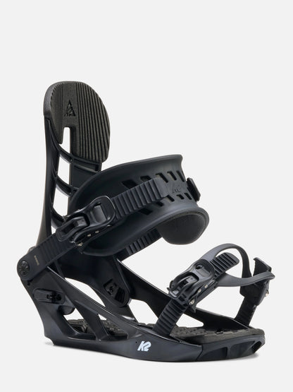 A single black snowboard binding shown from a three-quarters angle against a light gray background. The brand logo 'k2' is visible on the base plate.