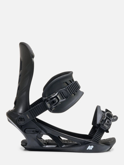 A single black K2 snowboard binding shown in profile against a light gray background.