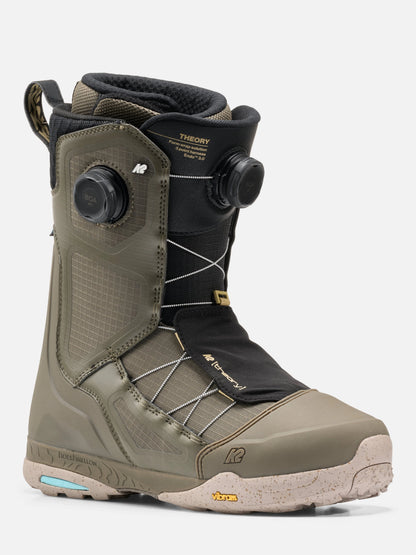 A single K2 snowboard boot in olive green and black, featuring a dial closure system and a light-colored Vibram sole, shown against a plain light gray background.