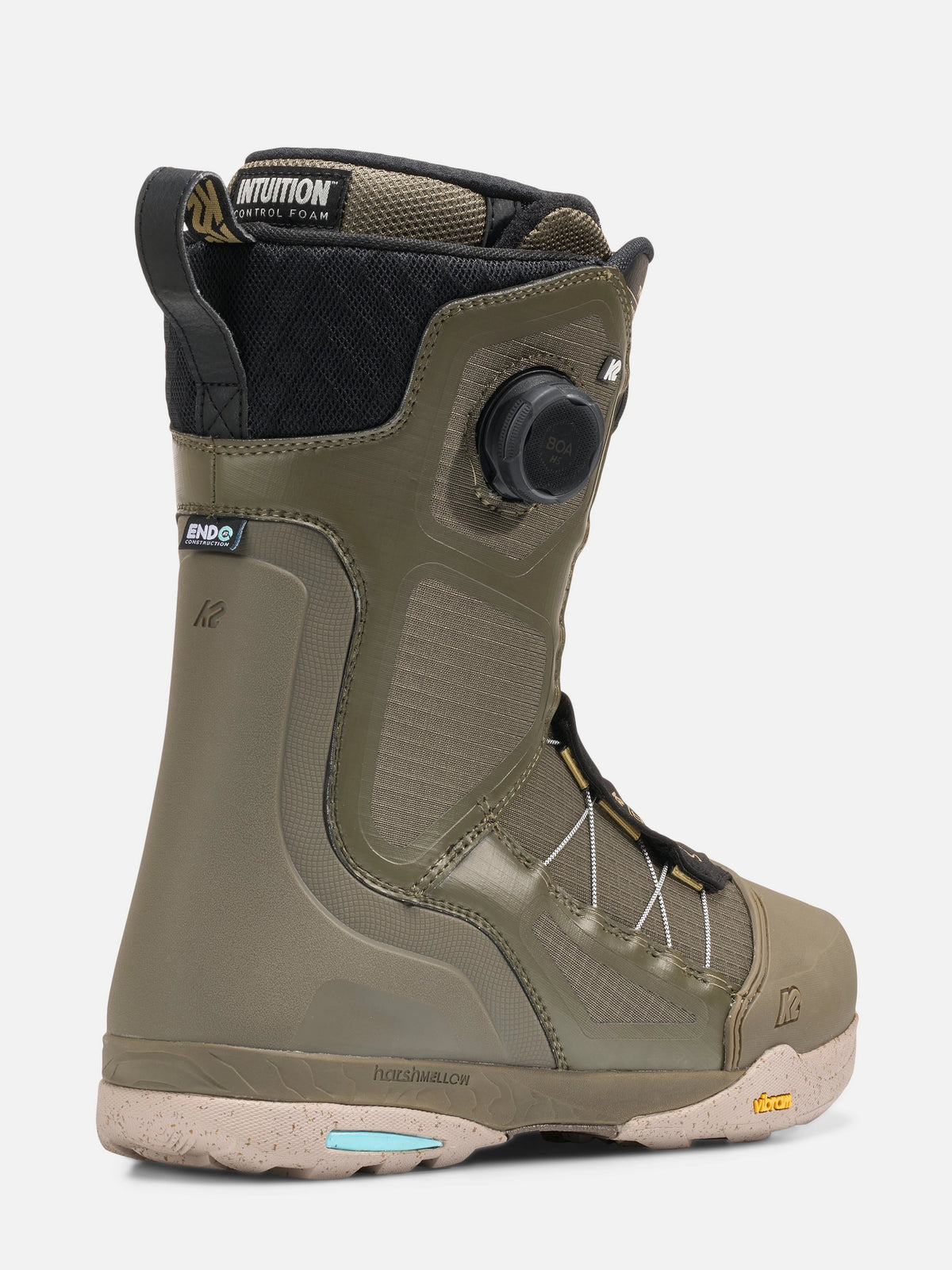 An olive green K2 snowboard boot with a black dial closure and a beige Vibram sole, shown from a three-quarters angle on a light gray background.