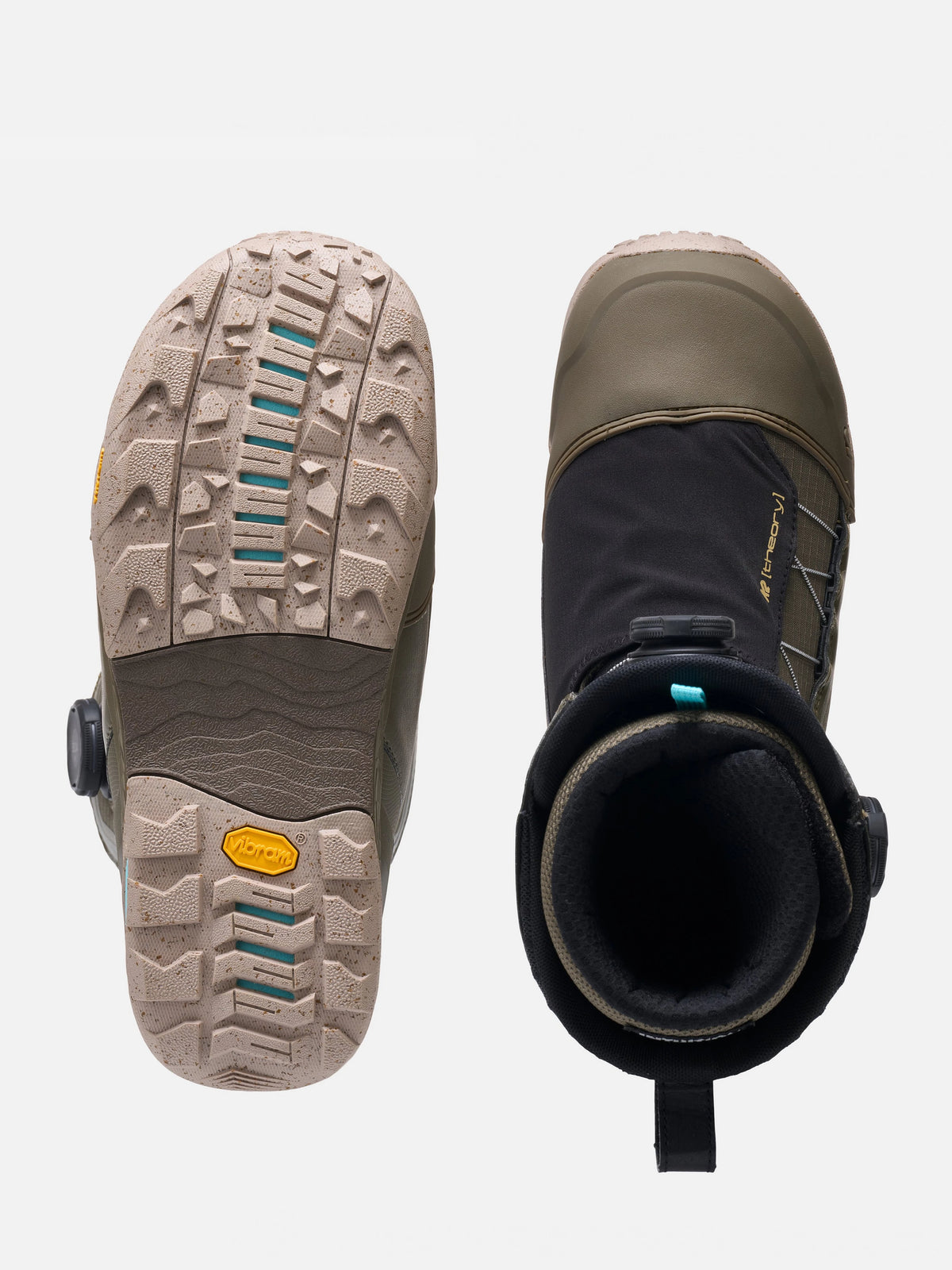 A pair of mid-height snowboard boots shown from the top and bottom against a light gray background. The left boot shows the textured brown Vibram sole with blue accents, and the right boot shows the black and olive green upper with BOA dials.