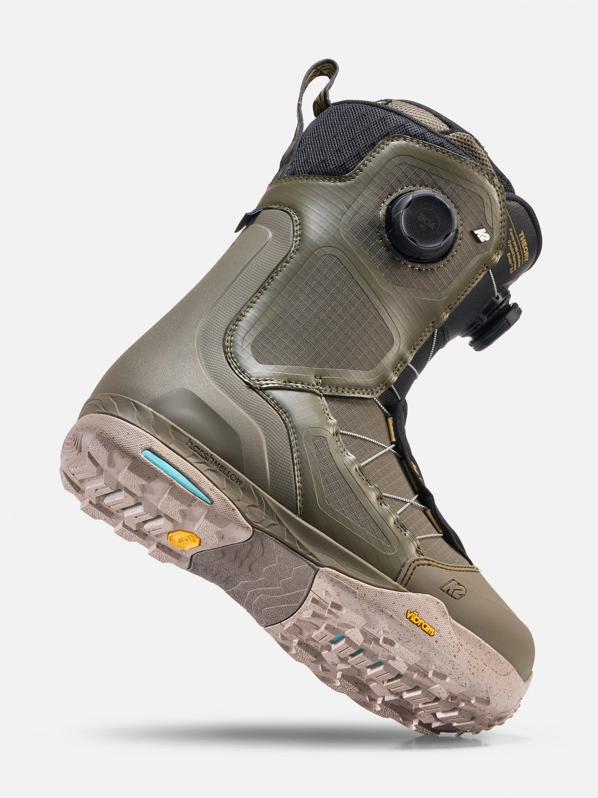A single snowboard boot in olive green and brown tones with a black dial closure and textured sole, shown floating against a light gray background.