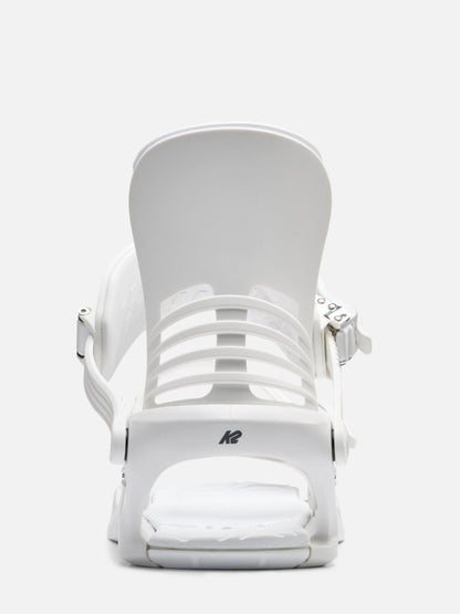 A white snowboard binding shown from the back on a clean, light gray studio background. The brand logo 'K2' is visible on the base.