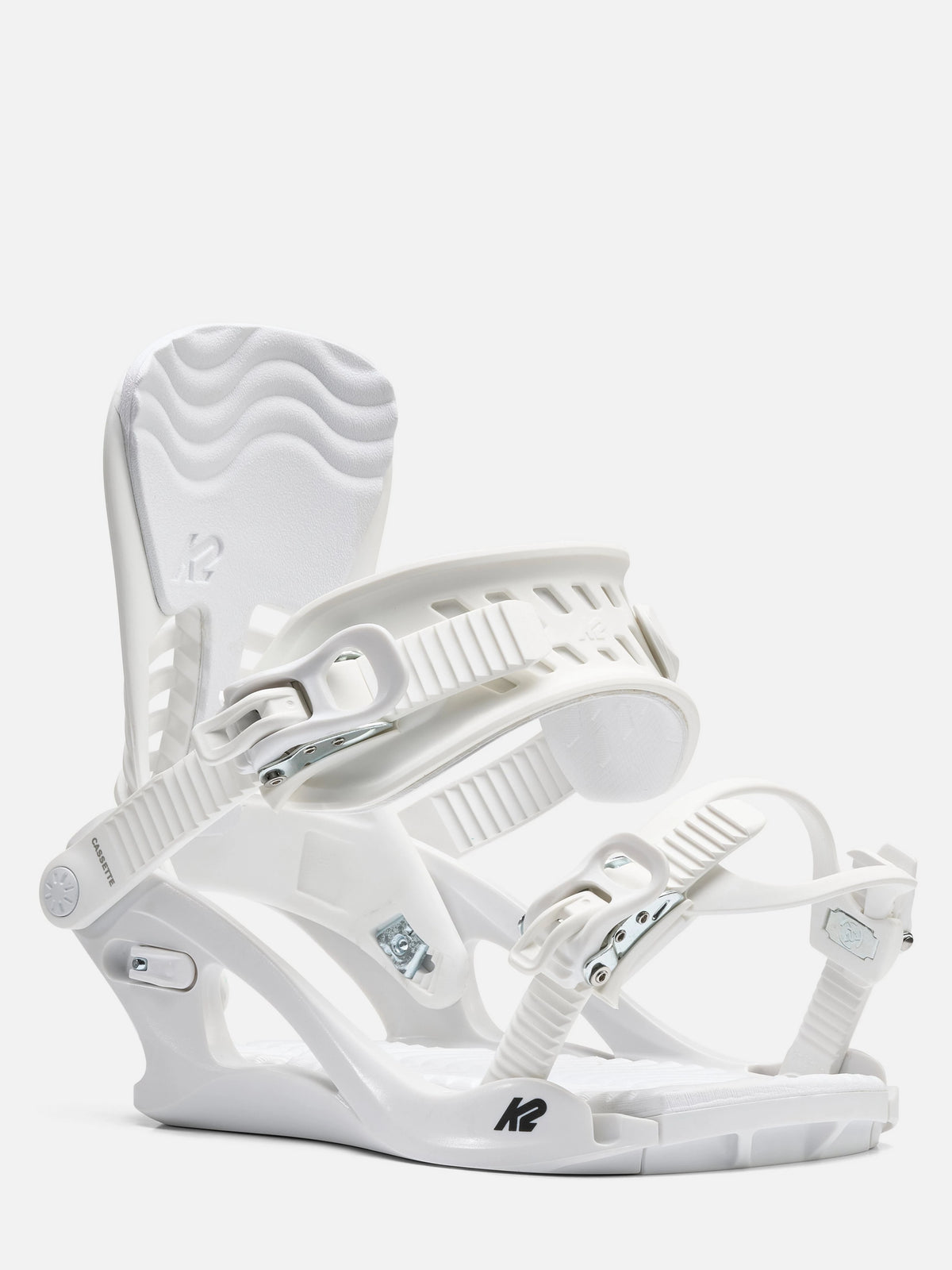 A pair of white snowboard bindings with silver buckles and straps, shown on a clean white background.